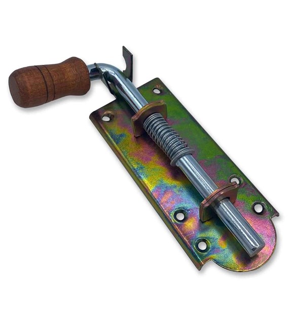 Zasuwka sprężynowa SZEROKA + drewno 150 mm ocynk