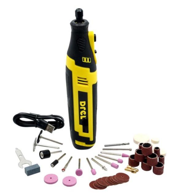 Szlifierka akumulatorowa MINI 8V walizka i 60 szt akcesoriów DREL