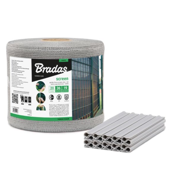 Taśma / Siatka ogrodzeniowa 19cmx36m, 200 g/m2 + klipsy 20szt, jasno szara