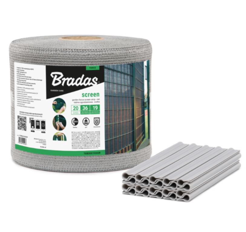 Taśma / Siatka ogrodzeniowa 19cmx36m, 200 g/m2 + klipsy 20szt, jasno szara