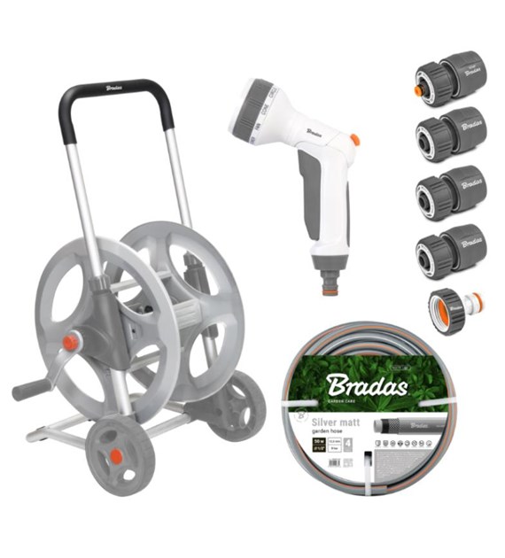 WHITE LINE Metalowy wózek z wężem 1/2  50m i akcesoriami SILVER PRO SET