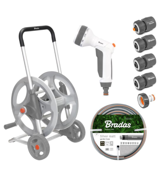 WHITE LINE Metalowy wózek z wężem 1/2  50m i akcesoriami SILVER PRO SET