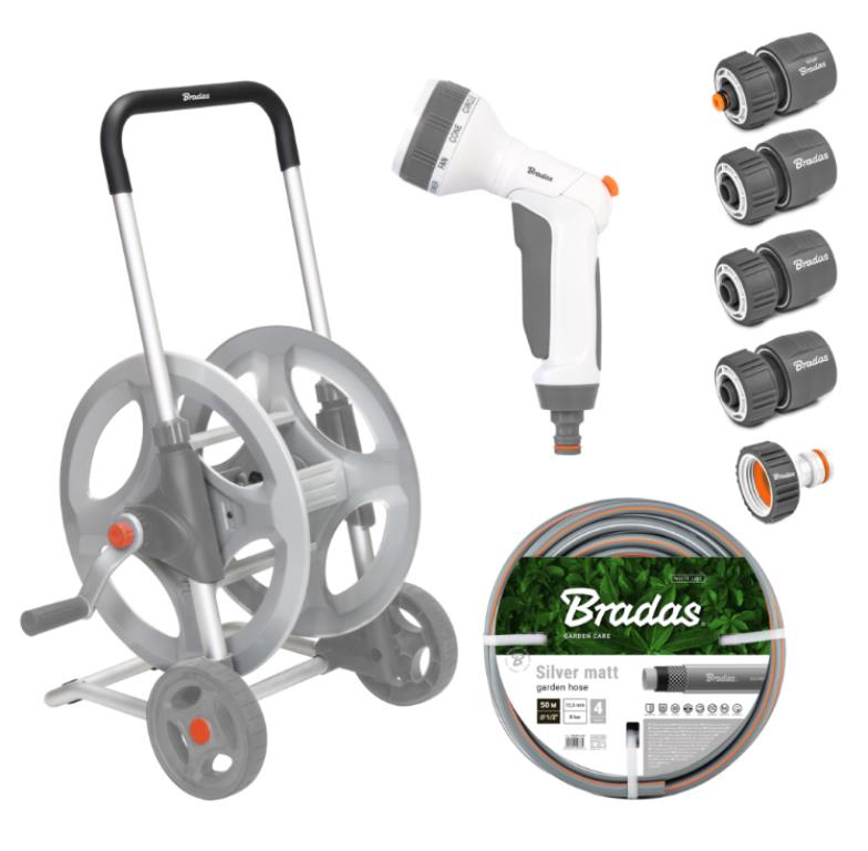 WHITE LINE Metalowy wózek z wężem 1/2  50m i akcesoriami SILVER PRO SET