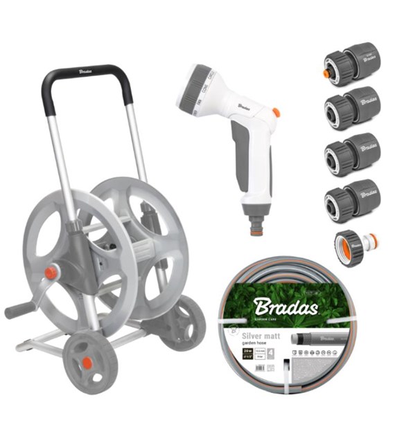 WHITE LINE Metalowy wózek z wężem 1/2  20m z pistoletem i armaturą SILVER PRO SET