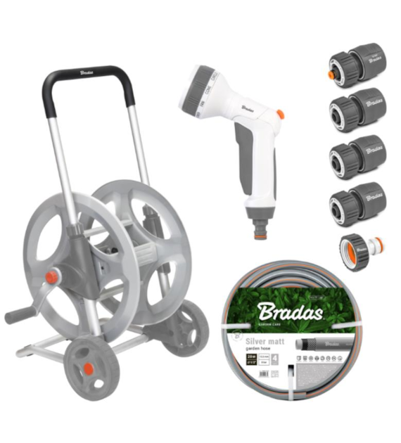 WHITE LINE Metalowy wózek z wężem 1/2  20m z pistoletem i armaturą SILVER PRO SET