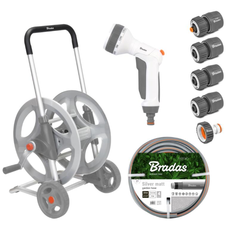 WHITE LINE Metalowy wózek z wężem 1/2  20m z pistoletem i armaturą SILVER PRO SET