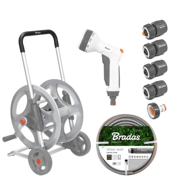 WHITE LINE Metalowy wózek z wężem 1/2  30m z pistoletem i armaturą SILVER PRO SET