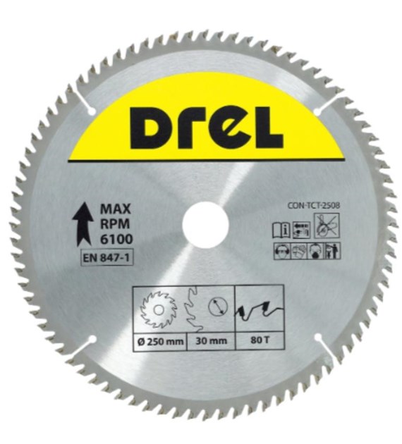 Piła tarczowa DREL CV do drewna ze spiekiem 250 x 30 mm 80T