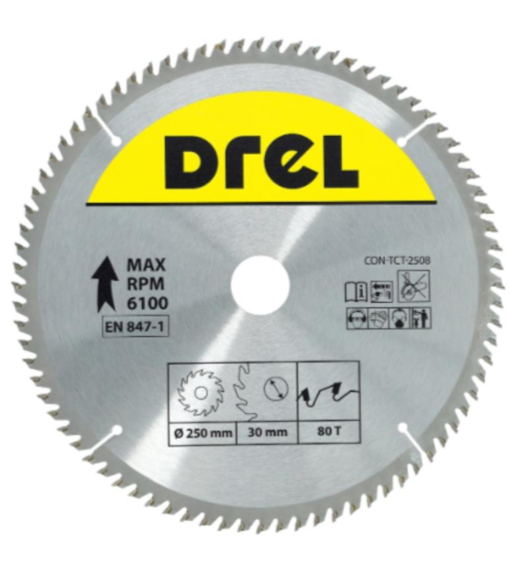 Piła tarczowa DREL CV do drewna ze spiekiem 250 x 30 mm 80T