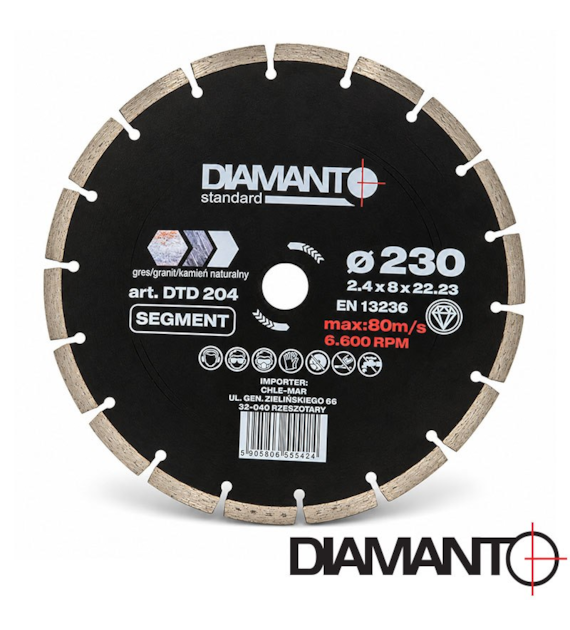 Tarcza diamentowa 230 x 2,4 x 22,23mm (wys.diamentu 8mm) SEGMENT DIAMANTO STANDARD