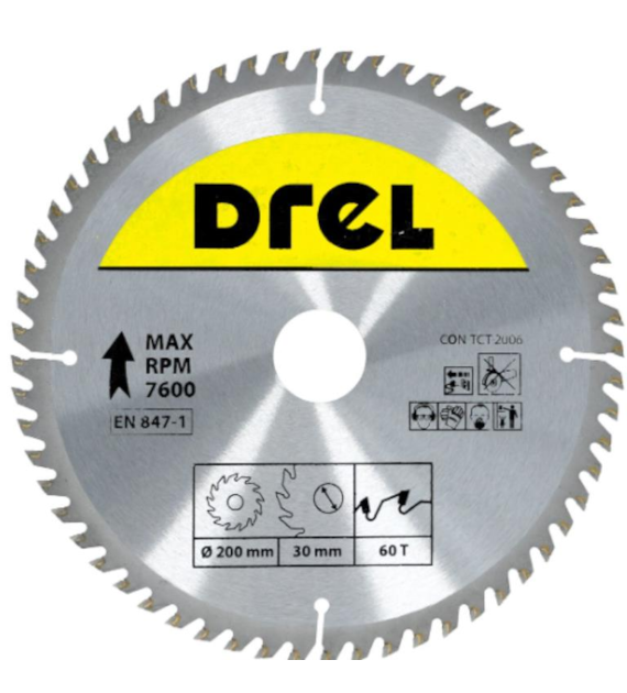 Piła tarczowa DREL CV do drewna ze spiekiem 200 x 30 mm 60T